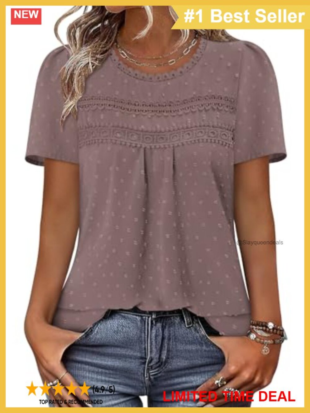 Boho Swiss Dot Short Sleeve Tunic Shirt Lace Crochet Crew Neck Flowy Top